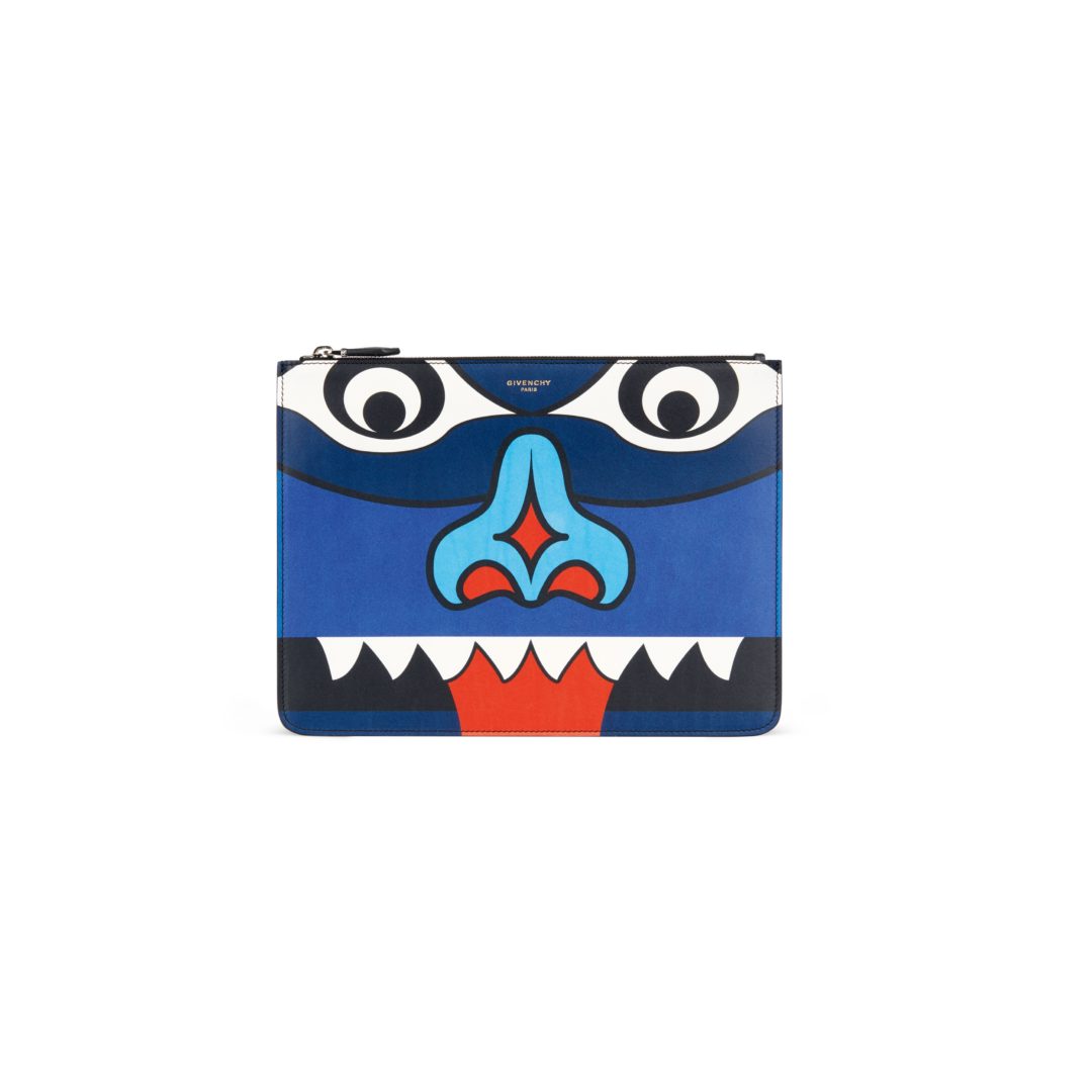 LARGE ZIPPED POUCH IN LEATHER WITH BLUE TOTEM PRINT