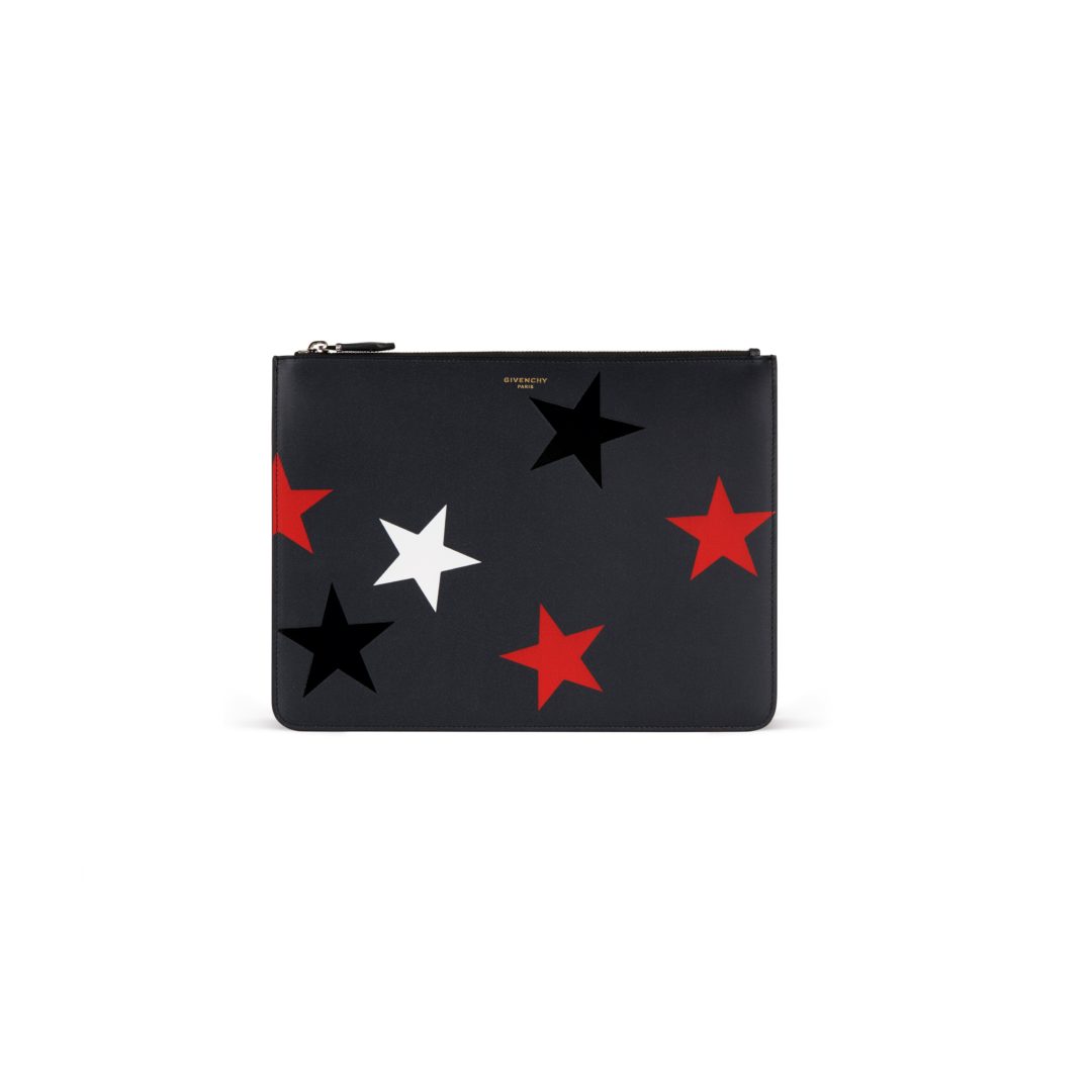 LARGE ZIPPED POUCH IN LEATHER WITH STARS PRINT